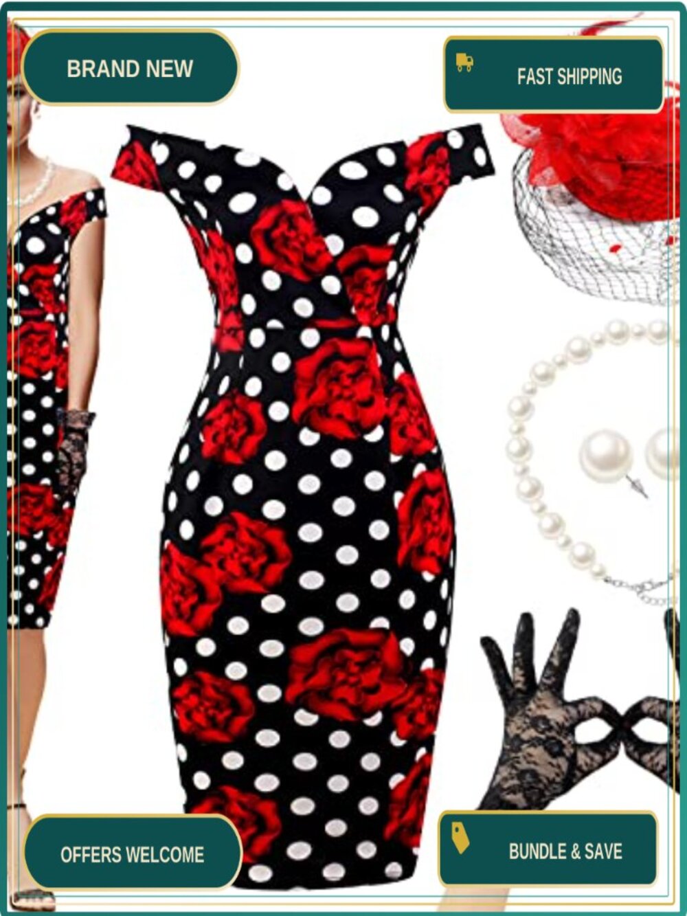 1950s Vintage Polka Dot Pencil Dress Costume Set with Accessories